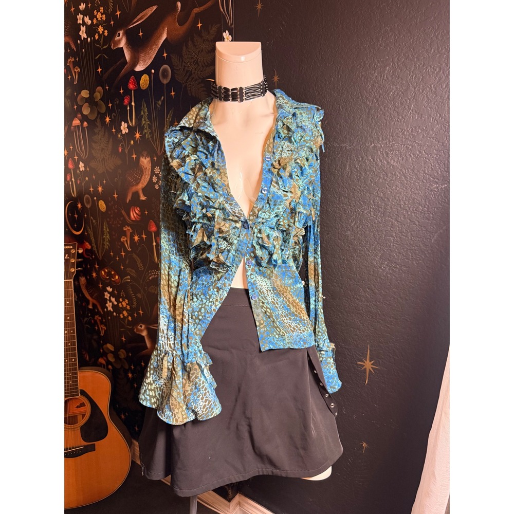 Notations Blue Green Animal Print Ruffle Front Blouse Bell Sleeve Y2K Top M